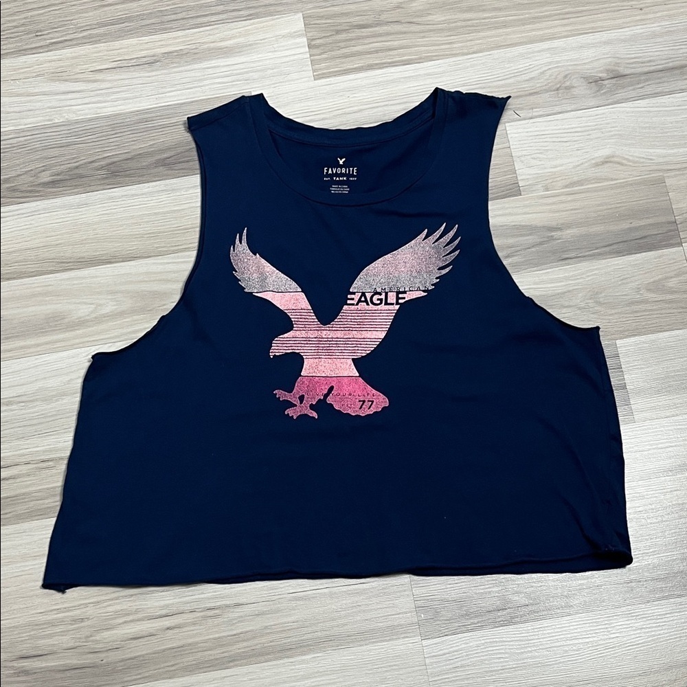 American Eagle Navy Crop Tank Top with Pink Eagle Graphic Sz XL Casual TC0554